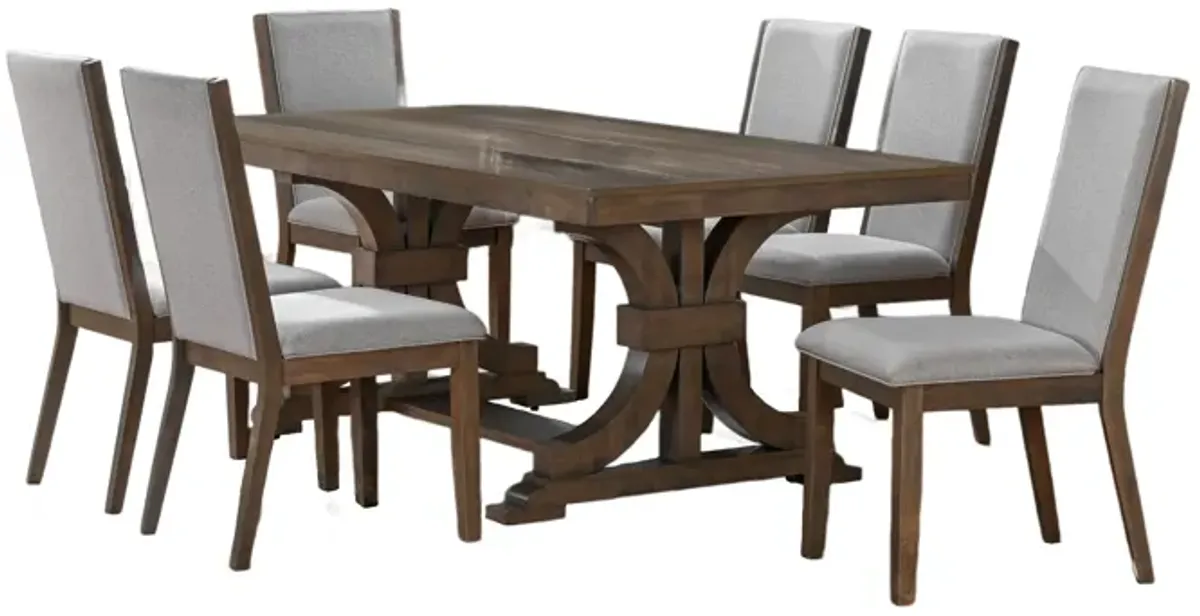 Transitional Antique Gray Rectangular Double Pedestal Trestle Dining Set with 6 Bone Upholstered Chairs