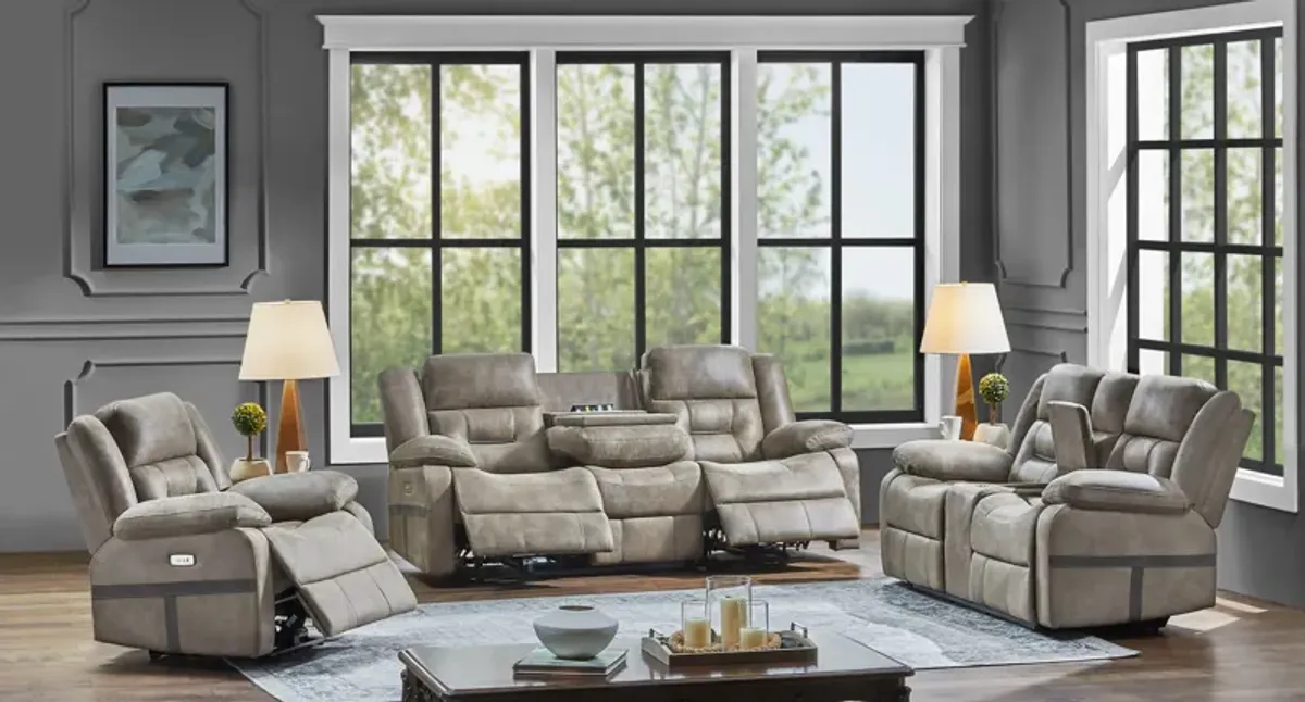 Contemporary Light Gray Power Reclining Living Room Set with USB Drop-Down Table & Console