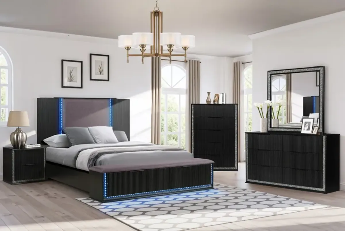 Modern Glam Black 5-Drawer Chest with Bling Trim & Felt-Lined Top Drawer