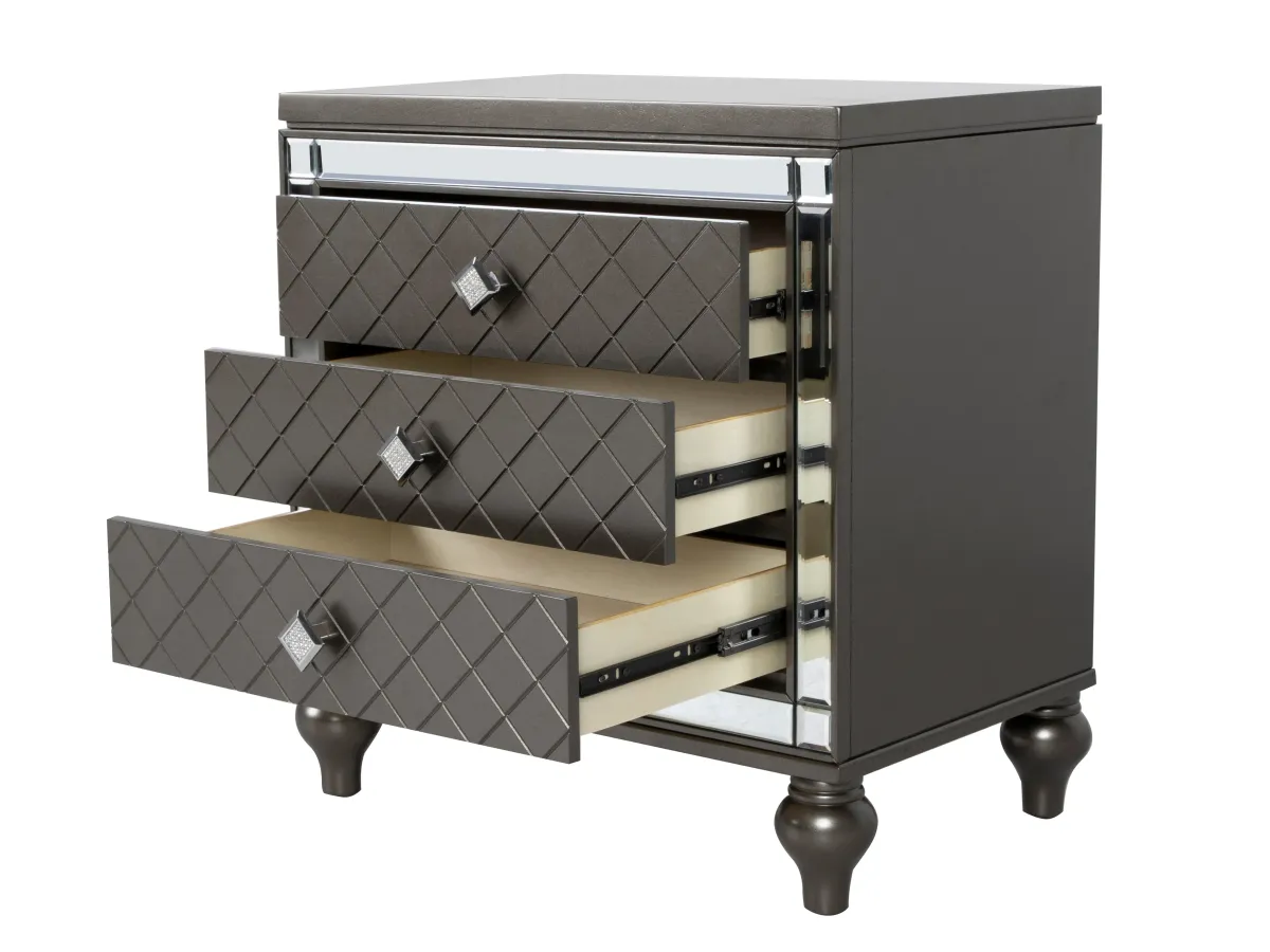 Glam Mirrored 3-Drawer Nightstand with Crystal Knobs