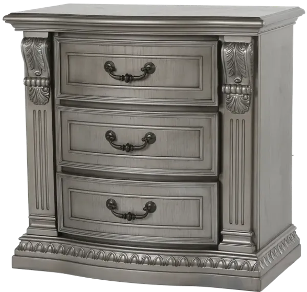 Grand-Platinum Traditional Nightstand with 3 Drawers & Carved Details