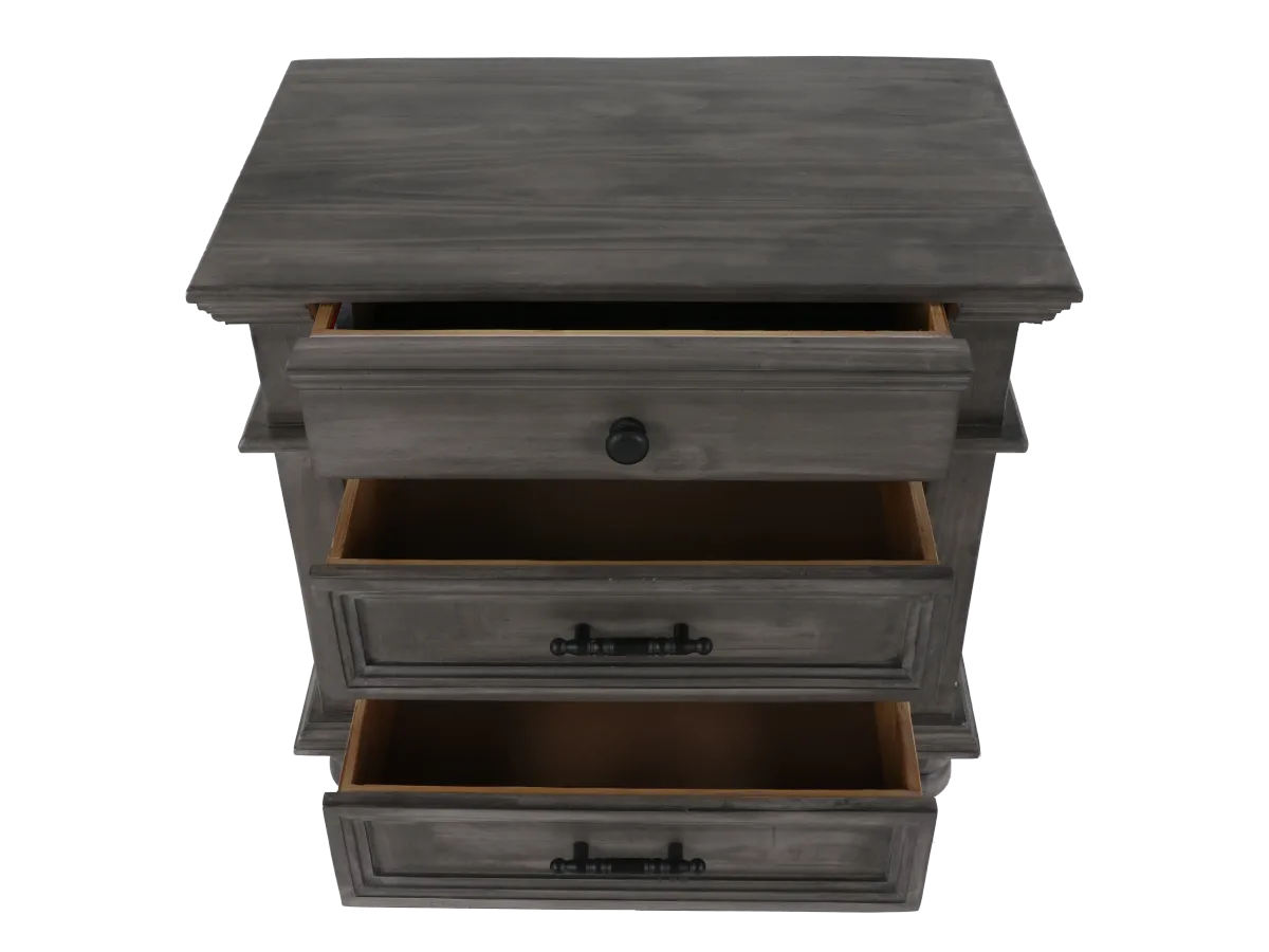 Weathered Gray Farmhouse Nightstand with 3 Drawers & Turned Feet