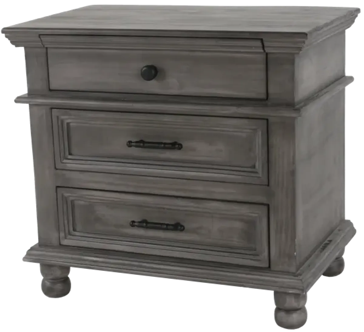 Weathered Gray Farmhouse Nightstand with 3 Drawers & Turned Feet