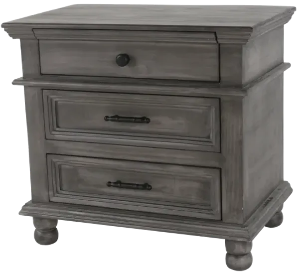 Weathered Gray Farmhouse Nightstand with 3 Drawers & Turned Feet