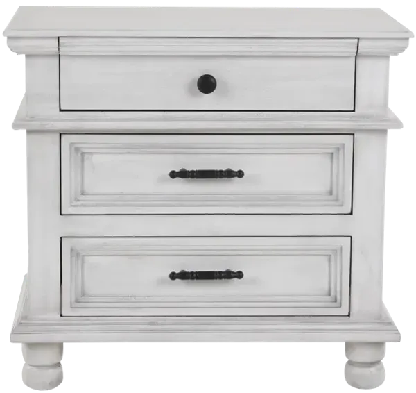 Distressed White Farmhouse Nightstand with 3 Drawers & Black Hardware