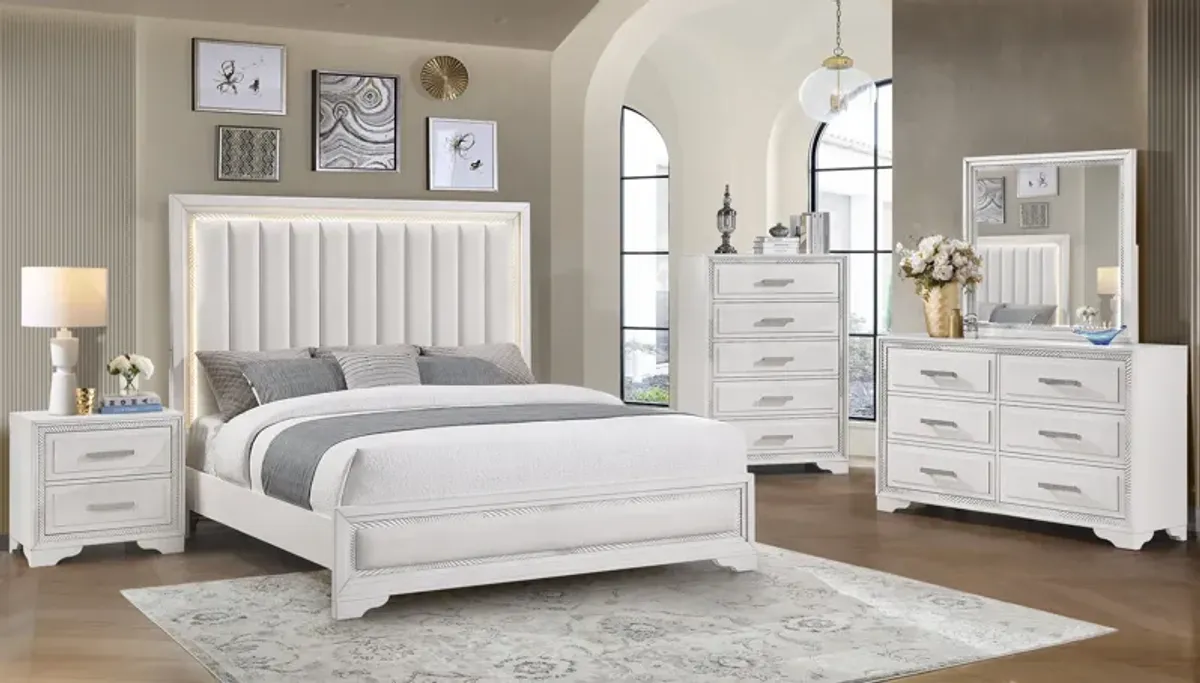 White Contemporary Glam 6-Piece Bedroom Set w/ LED Upholstered Channel Headboard