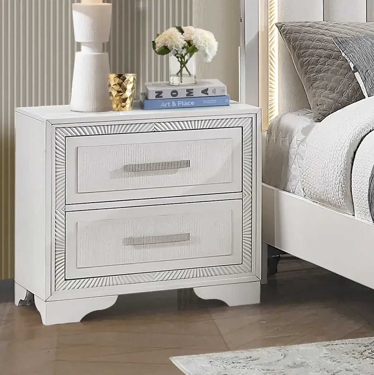 White Contemporary Glam Nightstand w/ Textured Drawer Fronts