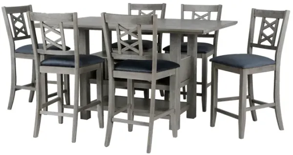 Gray Wood 7-Piece Counter Height Dining Set with Built-In Wine Rack & Storage Shelf