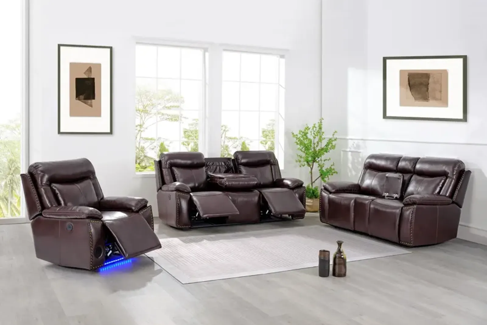 3-Piece Brown Power Reclining Living Room Set with Console Loveseat, USB & Bluetooth Speaker