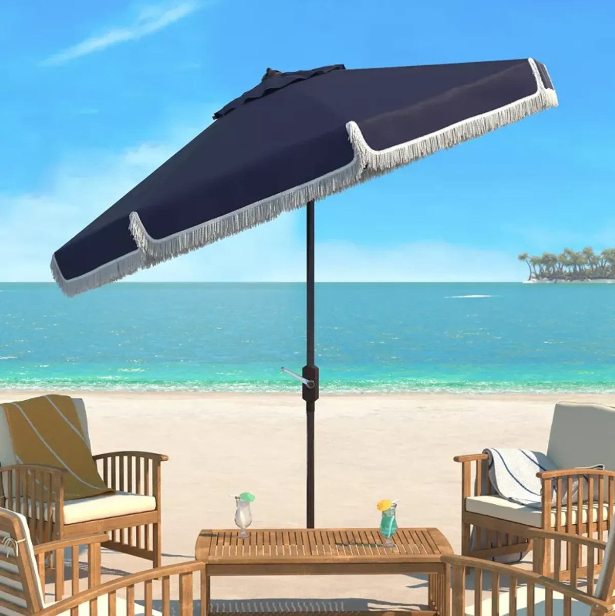 SAFAVIEH Fabia Fringe 9 Ft Crank Umbrella