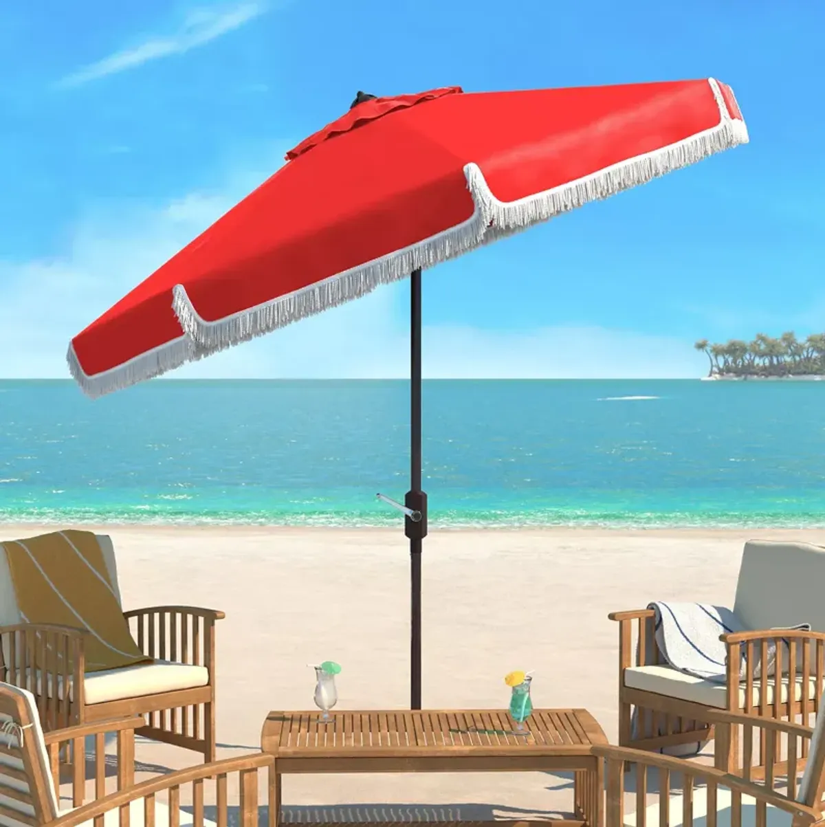 SAFAVIEH Fabia Fringe 9 Ft Crank Umbrella