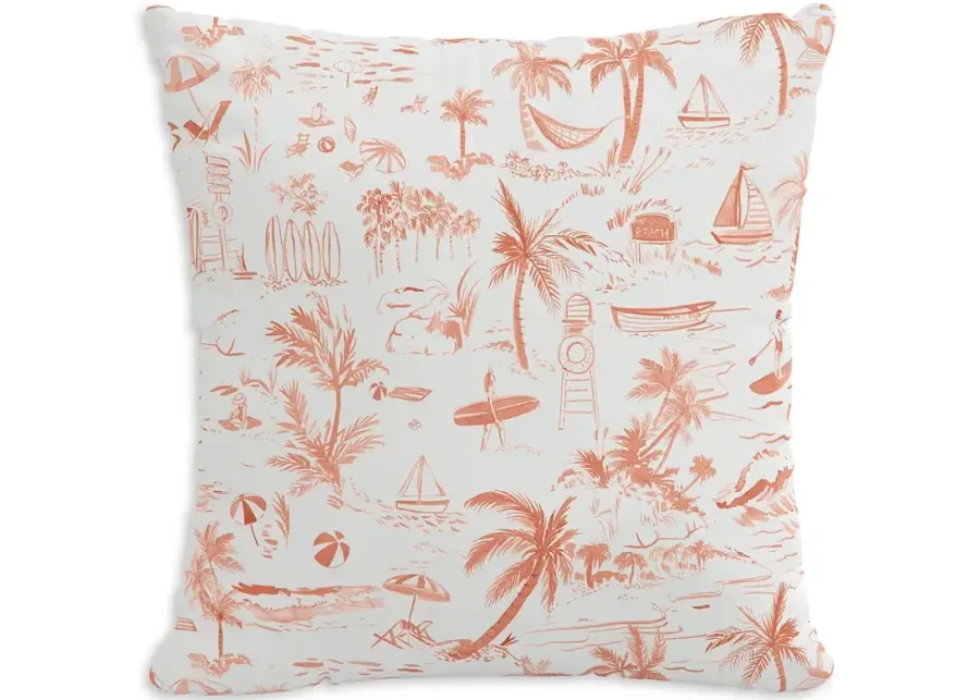 Cloth & Company The Beach Toile Outdoor Pillow in Coral, 18" x 18"