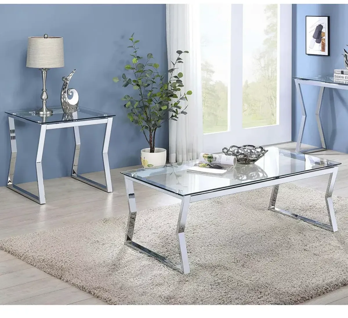 FURNITURE OF AMERICA Colton Chrome 2 Piece Coffee Table Set