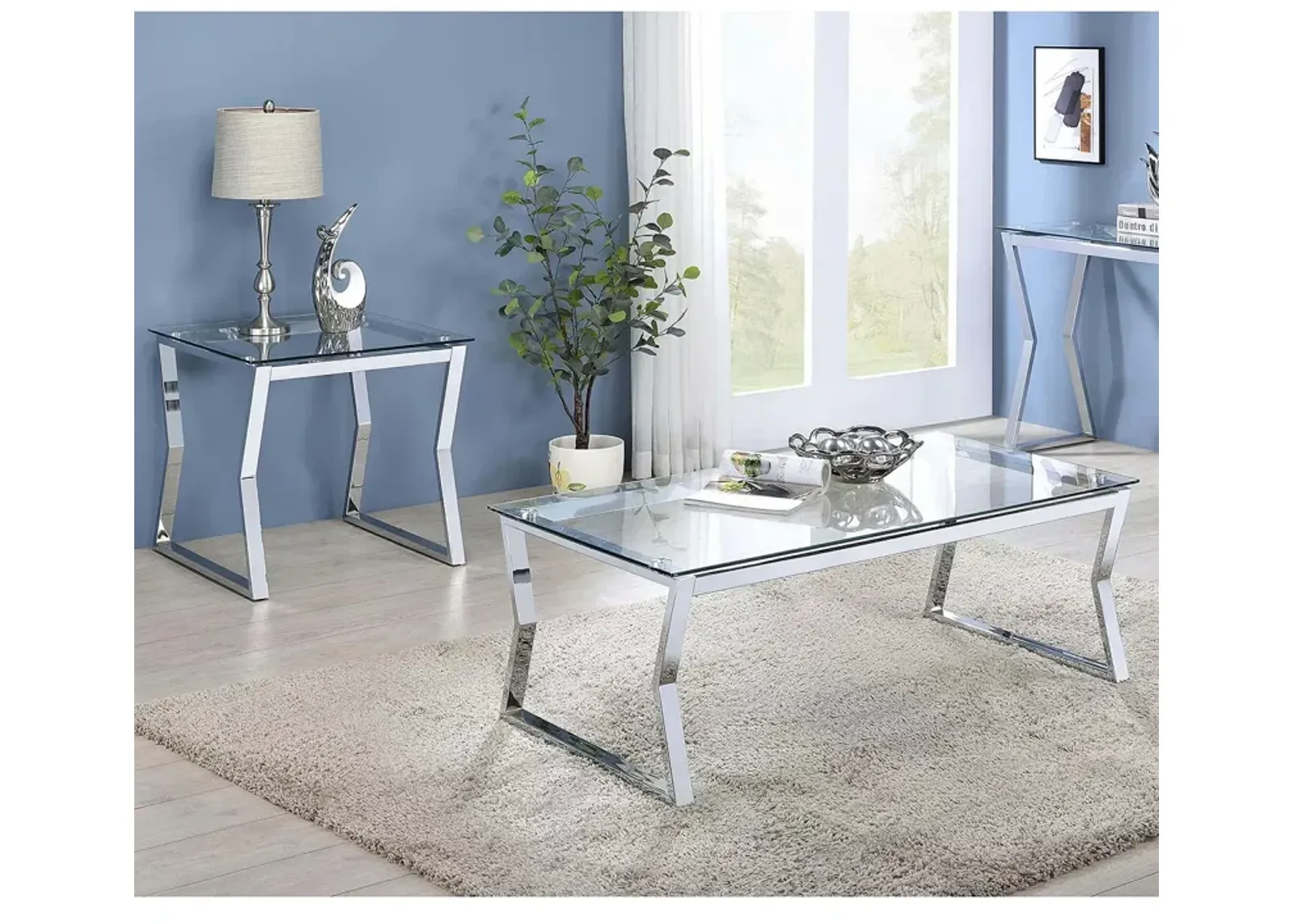 FURNITURE OF AMERICA Colton Chrome 2 Piece Coffee Table Set