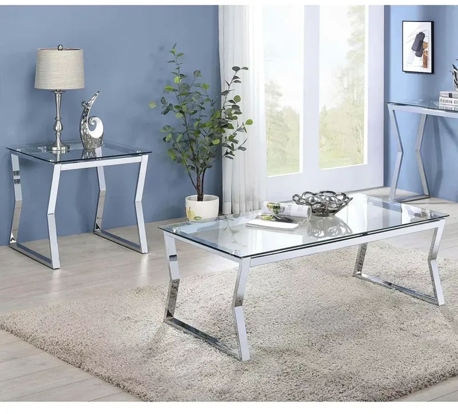 FURNITURE OF AMERICA Colton Chrome 2 Piece Coffee Table Set