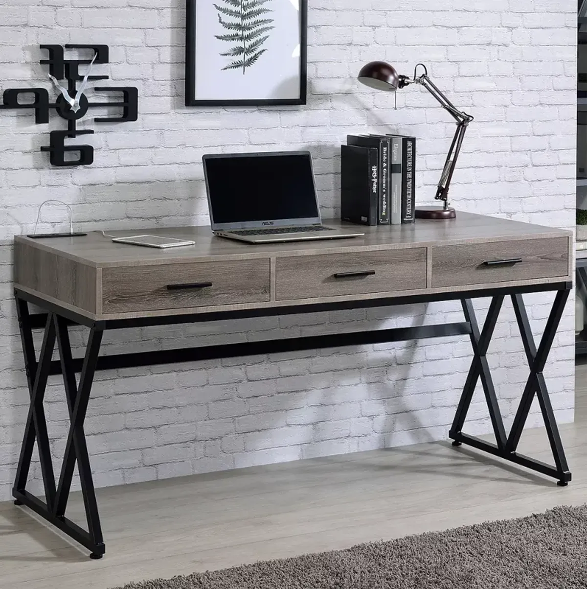 FURNITURE OF AMERICA Rose Gray and Sand Black Writing Desk with USB Ports