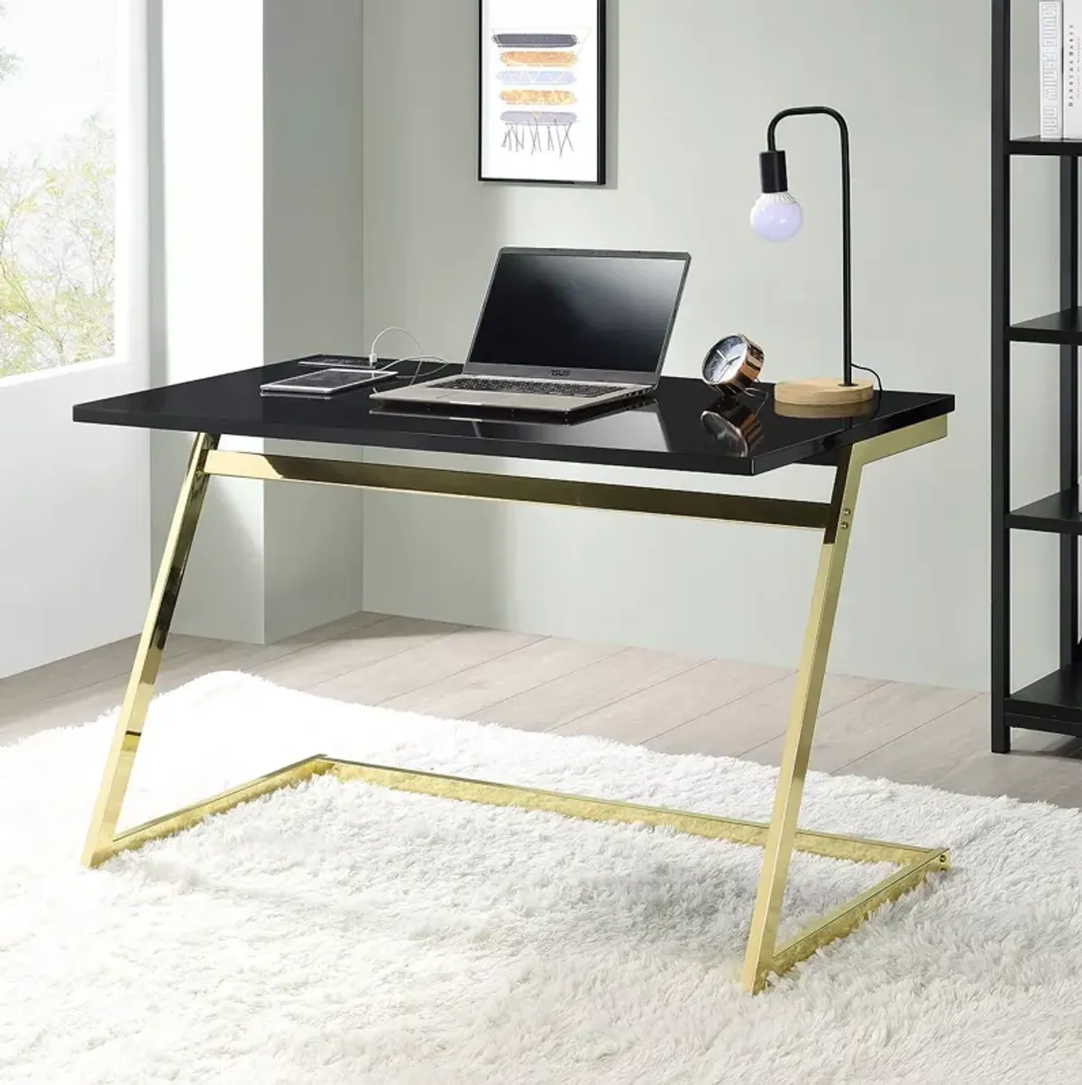 FURNITURE OF AMERICA Union Black and Brass Writing Desk with USB Ports