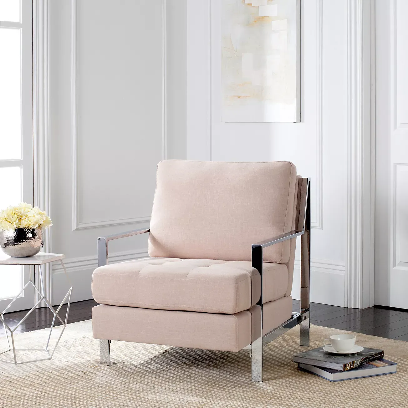 SAFAVIEH Walden Modern Tufted Linen Chrome Accent Chair