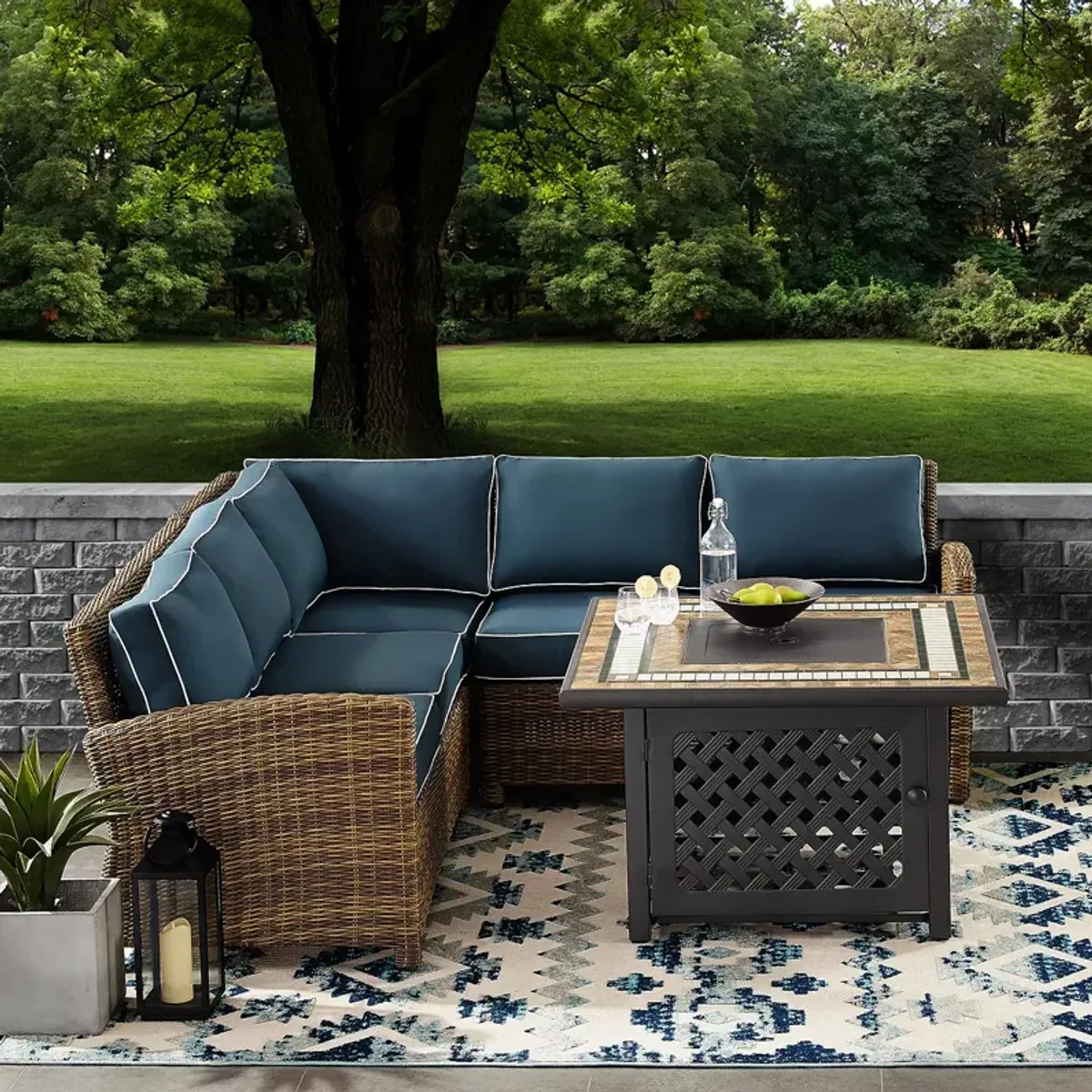 Sparrow & Wren Walton 4 Piece Outdoor Wicker Sectional Set with Fire Table