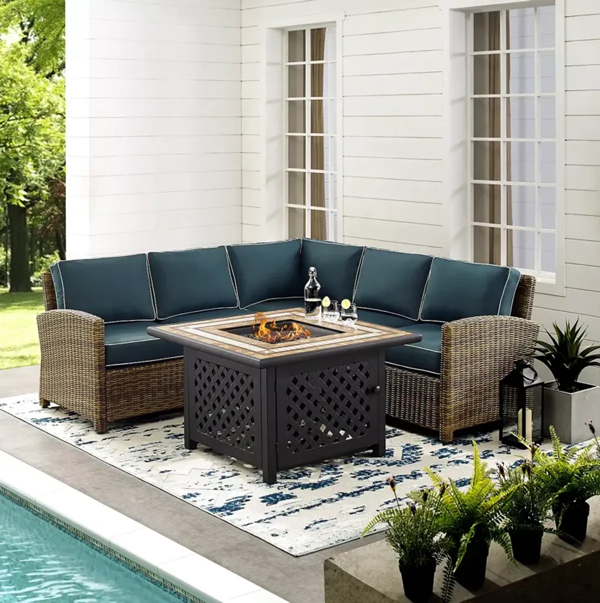 Sparrow & Wren Walton 4 Piece Outdoor Wicker Sectional Set with Fire Table