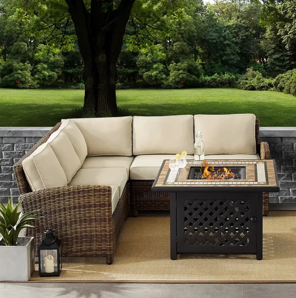 Sparrow & Wren Walton 4 Piece Outdoor Wicker Sectional Set with Fire Table