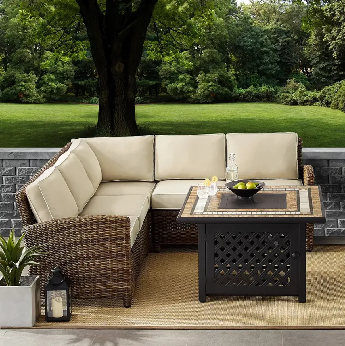 Sparrow & Wren Walton 4 Piece Outdoor Wicker Sectional Set with Fire Table