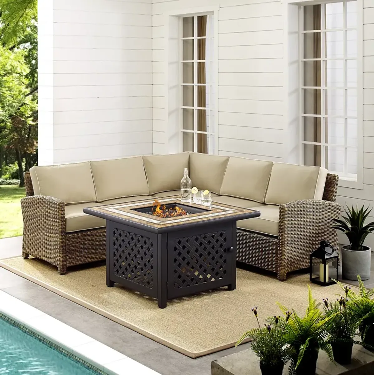 Sparrow & Wren Walton 4 Piece Outdoor Wicker Sectional Set with Fire Table