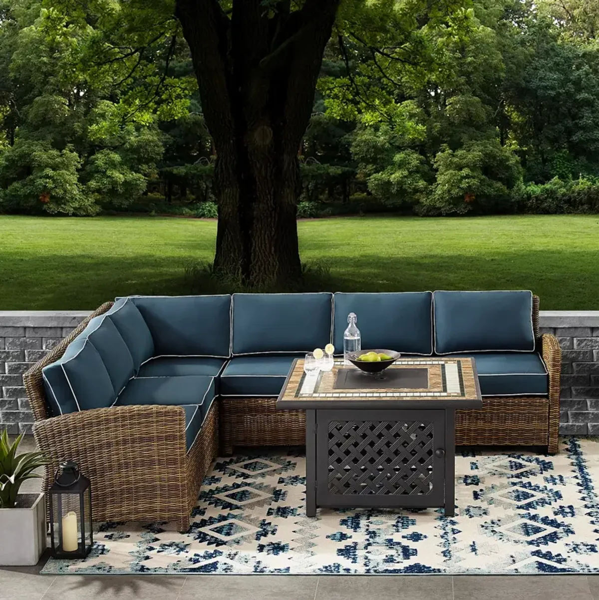 Sparrow & Wren Bradenton 5 Piece Outdoor Wicker Sectional Set with Fire Table