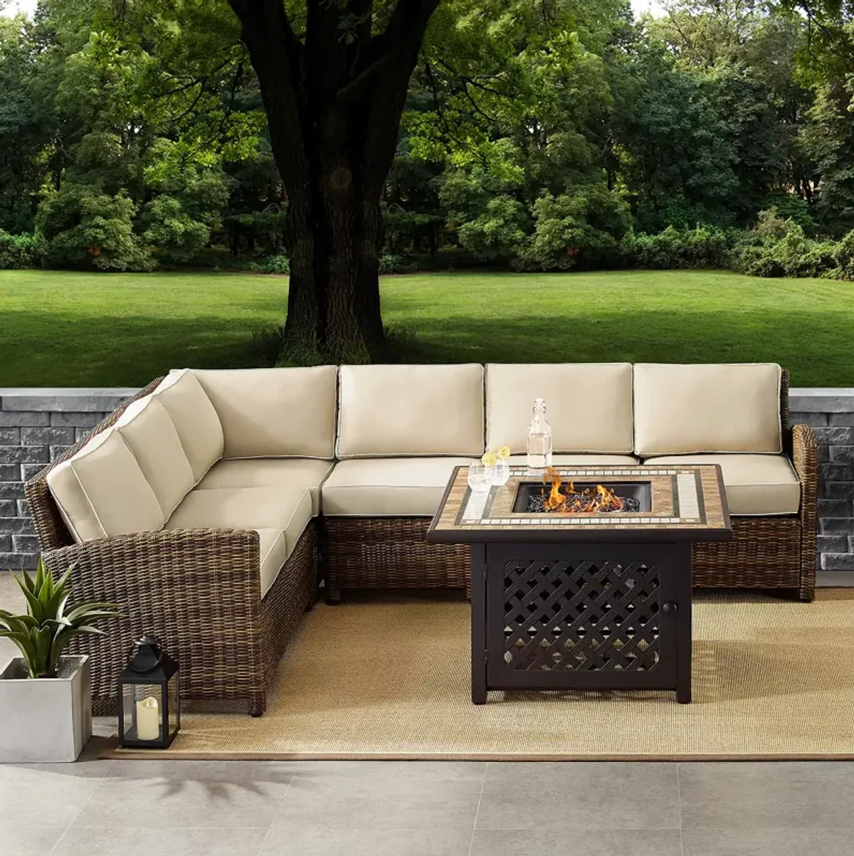 Sparrow & Wren Bradenton 5 Piece Outdoor Wicker Sectional Set with Fire Table