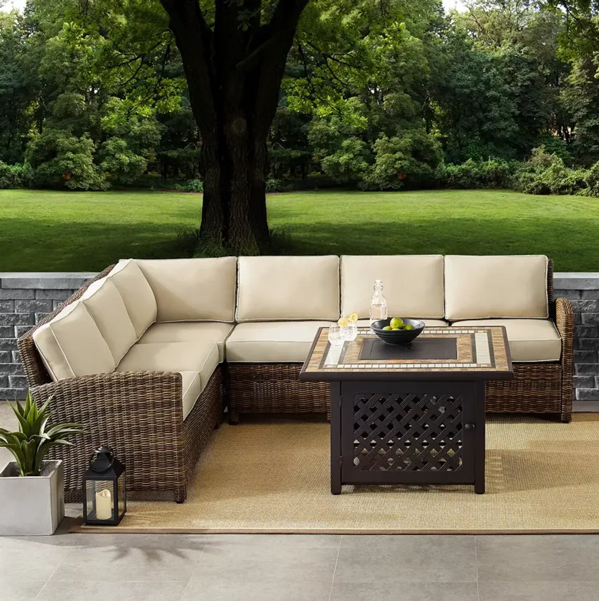 Sparrow & Wren Bradenton 5 Piece Outdoor Wicker Sectional Set with Fire Table