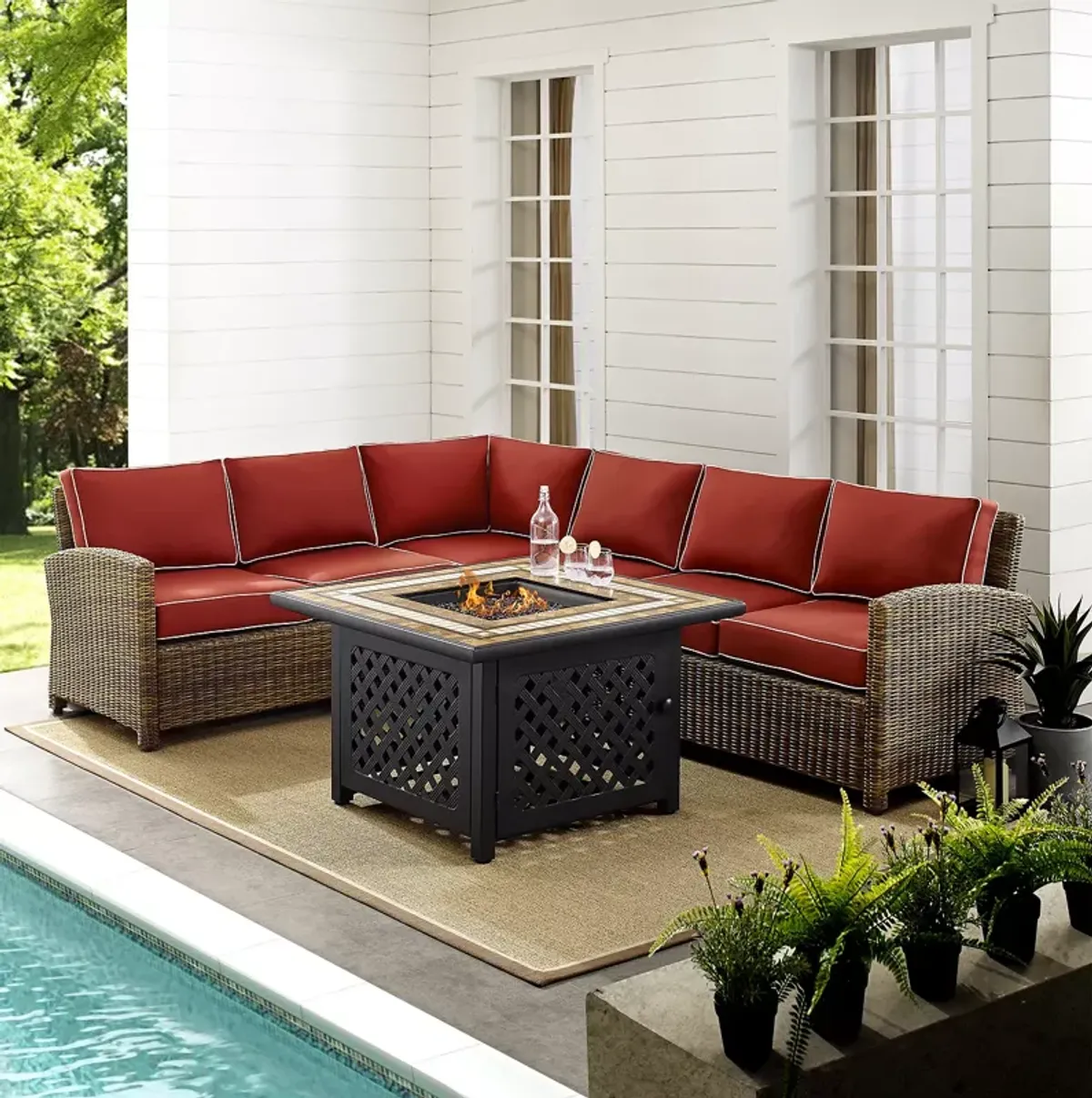 Sparrow & Wren Bradenton 5 Piece Outdoor Wicker Sectional Set with Fire Table