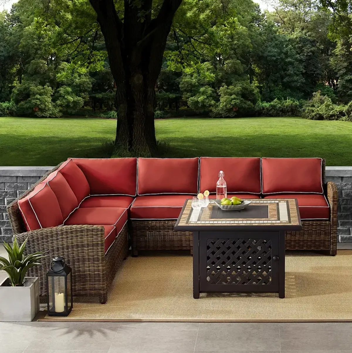 Sparrow & Wren Bradenton 5 Piece Outdoor Wicker Sectional Set with Fire Table