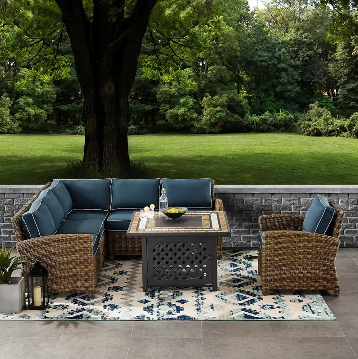 Sparrow & Wren Bradenton 5 Piece Outdoor Wicker Sectional Set with Fire Table