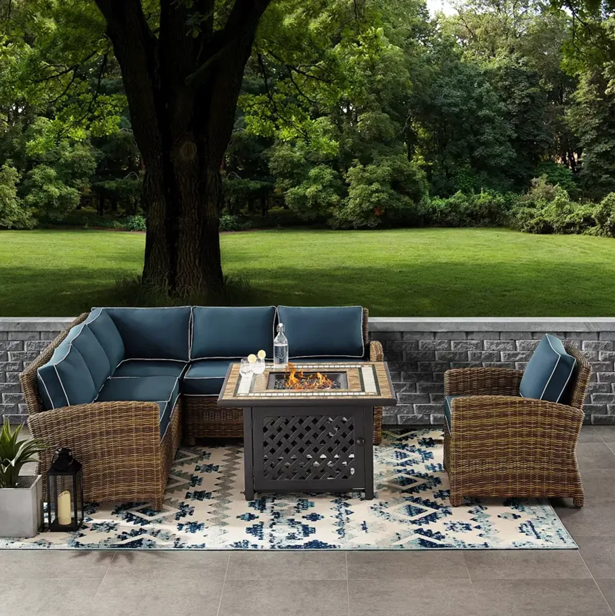 Sparrow & Wren Bradenton 5 Piece Outdoor Wicker Sectional Set with Fire Table