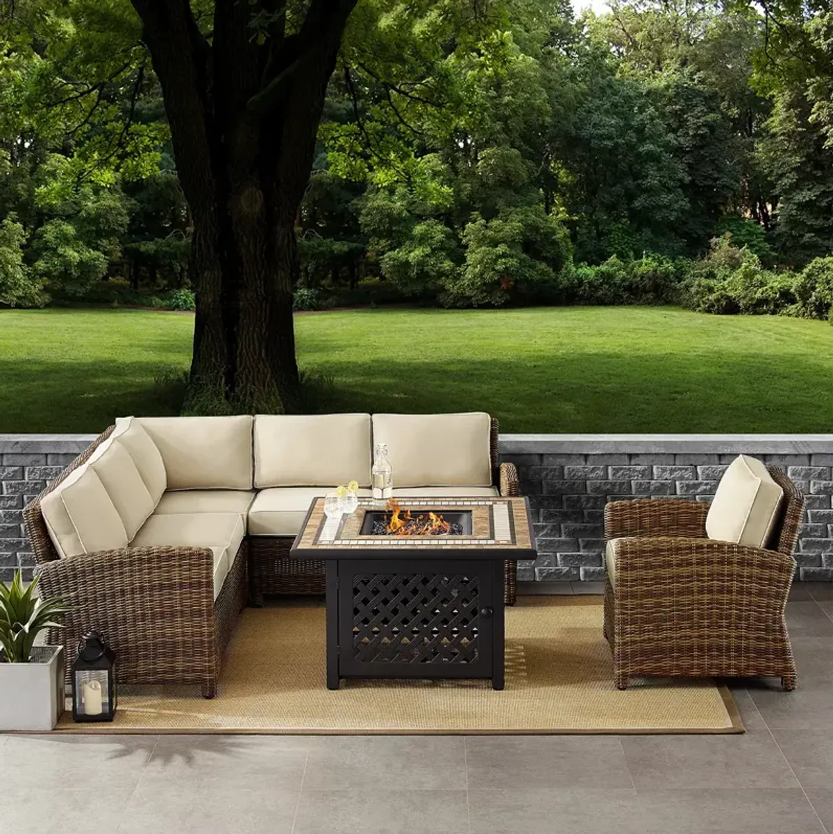 Sparrow & Wren Bradenton 5 Piece Outdoor Wicker Sectional Set with Fire Table