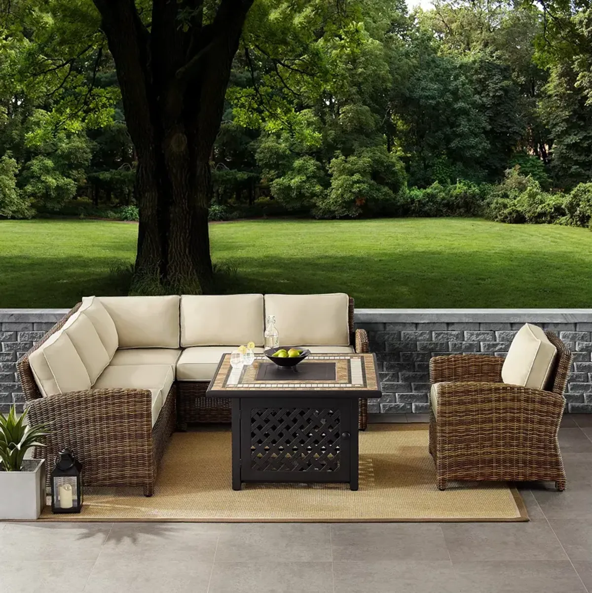 Sparrow & Wren Bradenton 5 Piece Outdoor Wicker Sectional Set with Fire Table