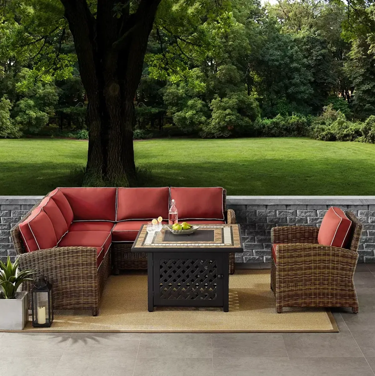 Sparrow & Wren Bradenton 5 Piece Outdoor Wicker Sectional Set with Fire Table