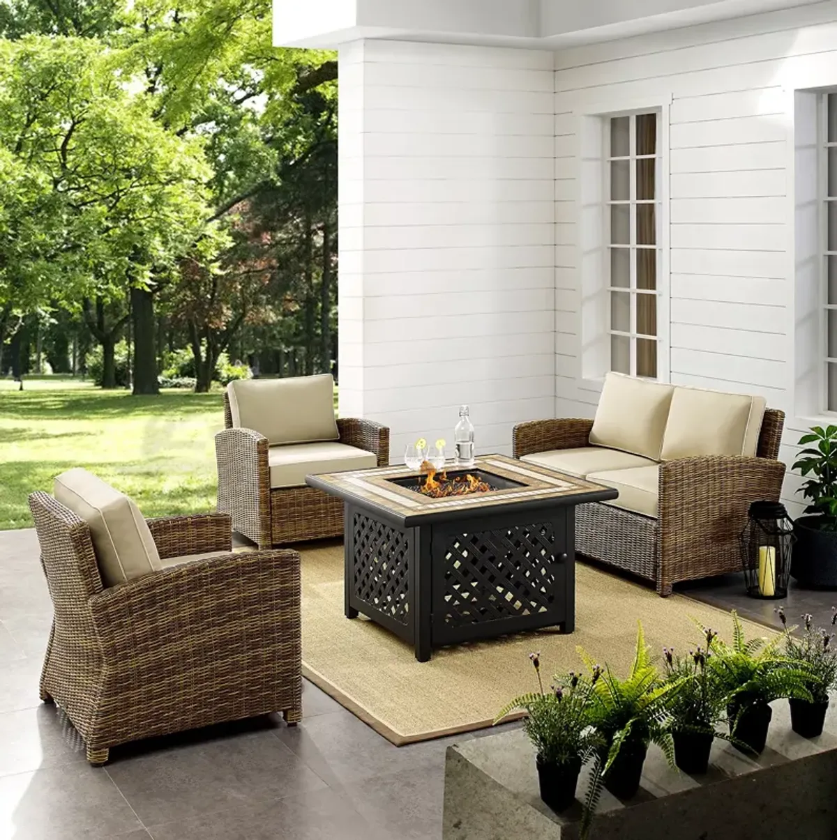 Sparrow & Wren Walton 4 Piece Outdoor Wicker Conversation Set with Fire Table