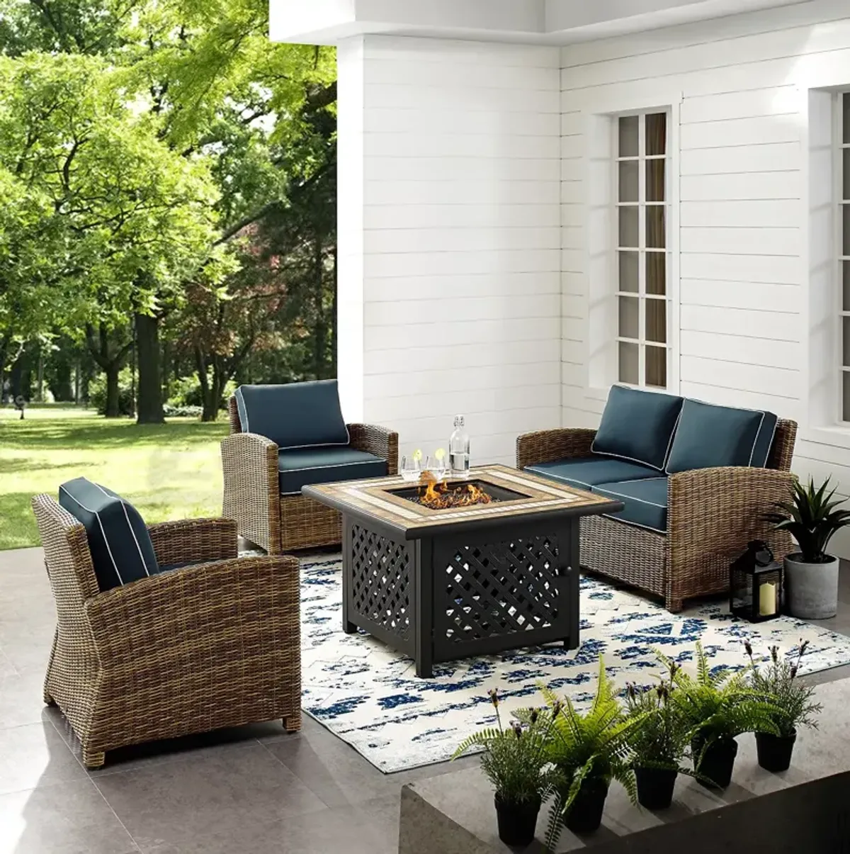 Sparrow & Wren Walton 4 Piece Outdoor Wicker Conversation Set with Fire Table