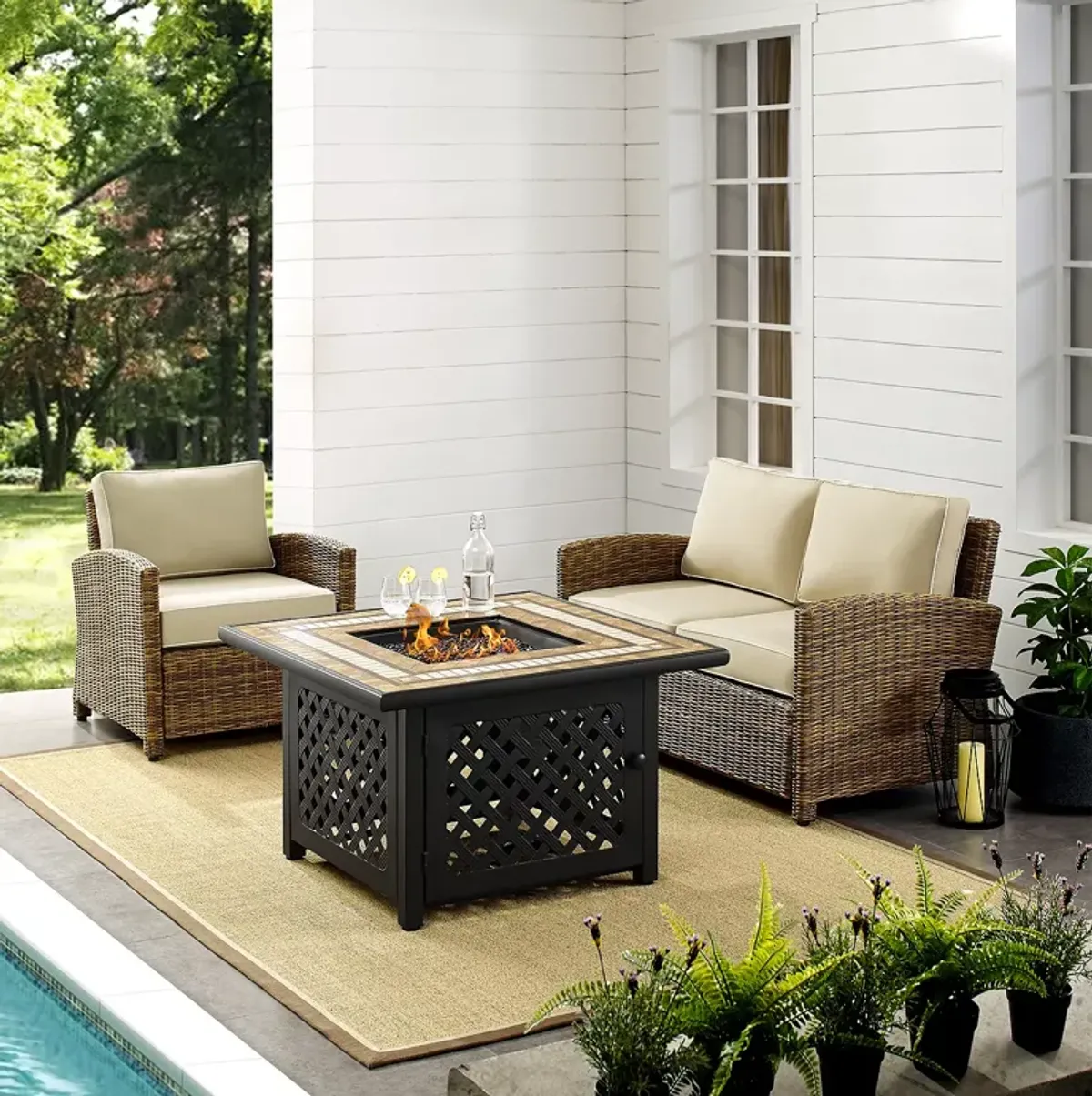 Sparrow & Wren Bradenton 3 Piece Outdoor Wicker Conversation Set with Fire Table