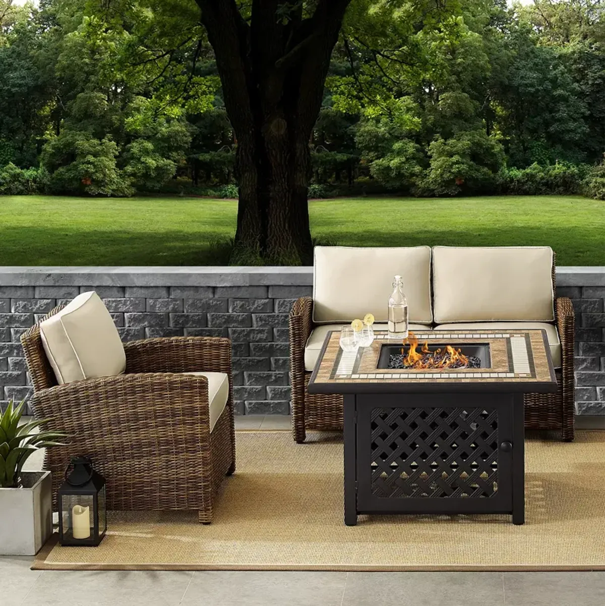 Sparrow & Wren Bradenton 3 Piece Outdoor Wicker Conversation Set with Fire Table