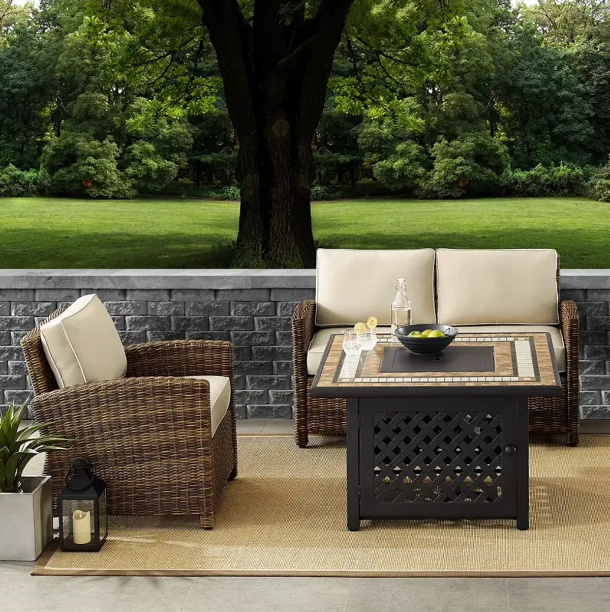 Sparrow & Wren Bradenton 3 Piece Outdoor Wicker Conversation Set with Fire Table