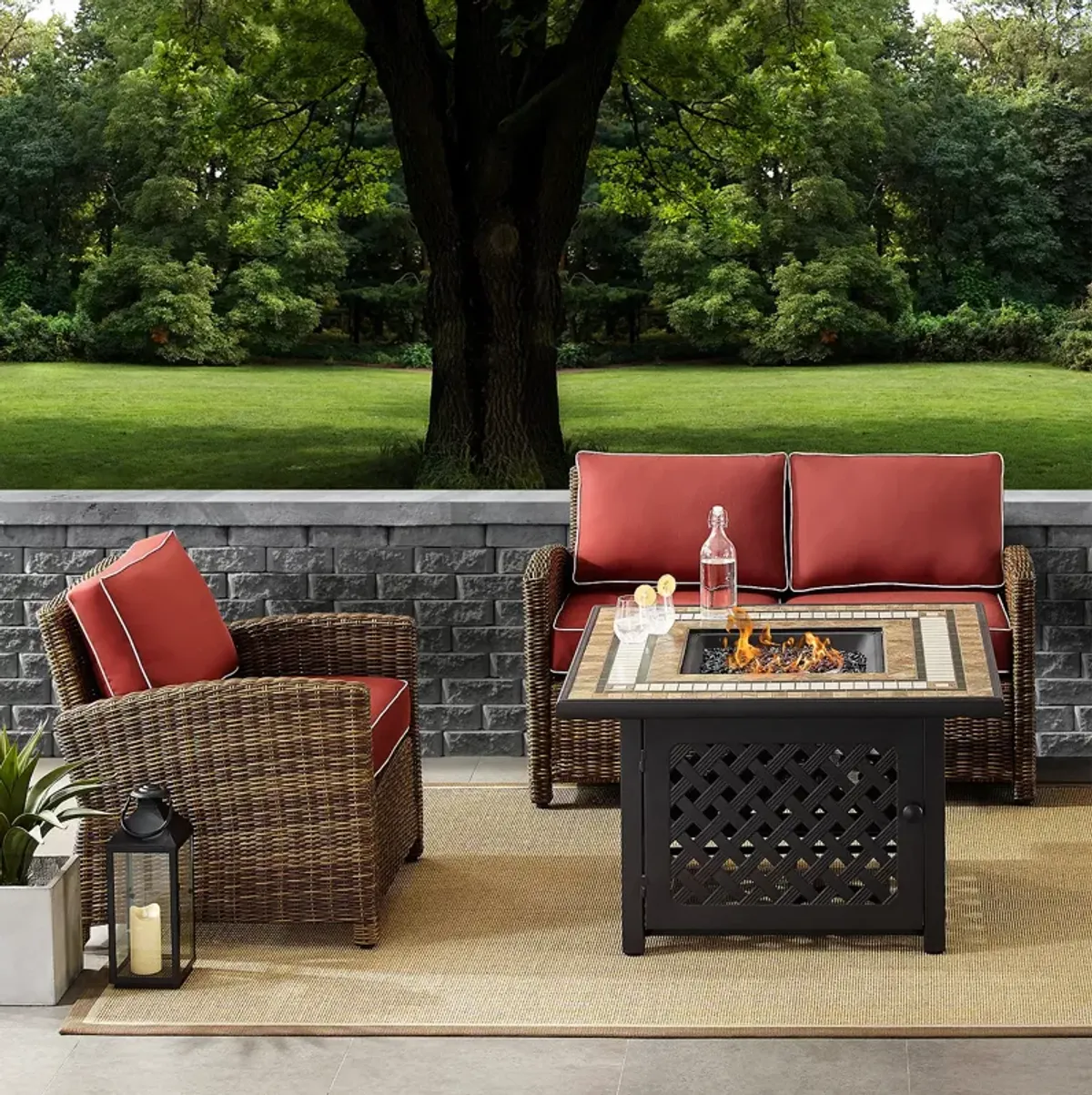 Sparrow & Wren Bradenton 3 Piece Outdoor Wicker Conversation Set with Fire Table