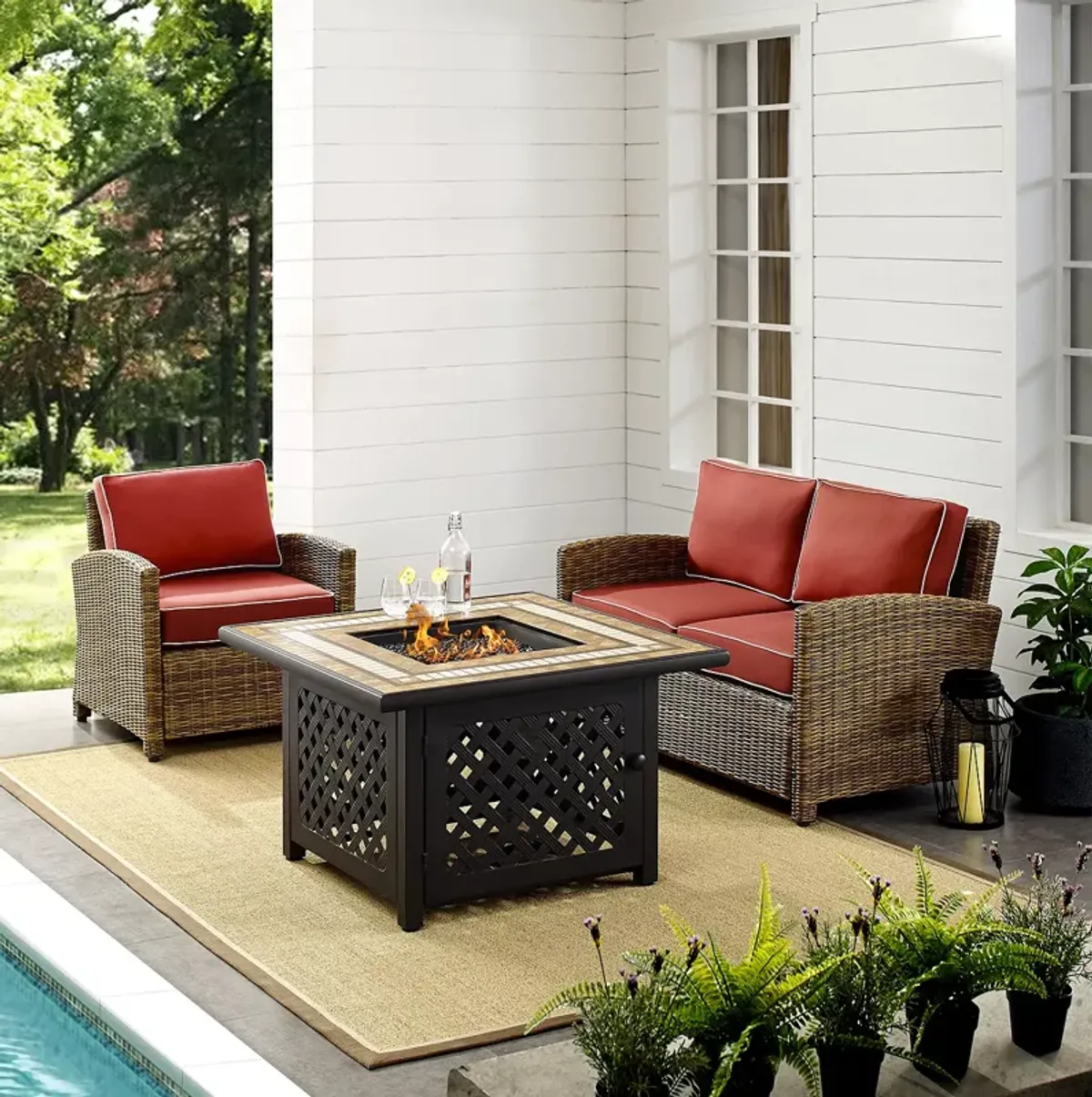 Sparrow & Wren Bradenton 3 Piece Outdoor Wicker Conversation Set with Fire Table