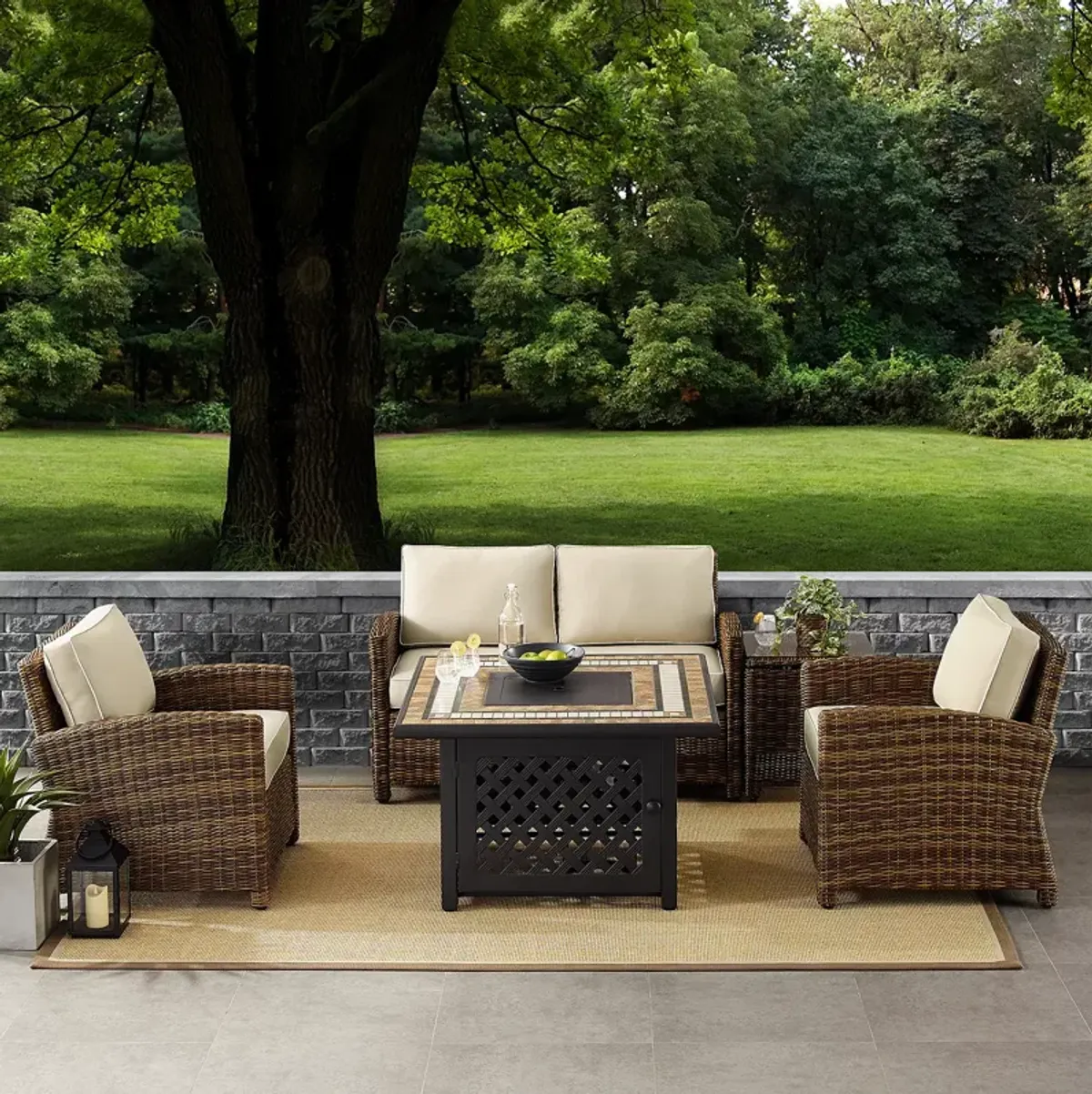 Sparrow & Wren Bradenton 5 Piece Outdoor Wicker Conversation Set with Fire Table