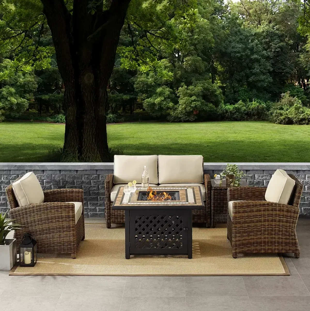 Sparrow & Wren Bradenton 5 Piece Outdoor Wicker Conversation Set with Fire Table