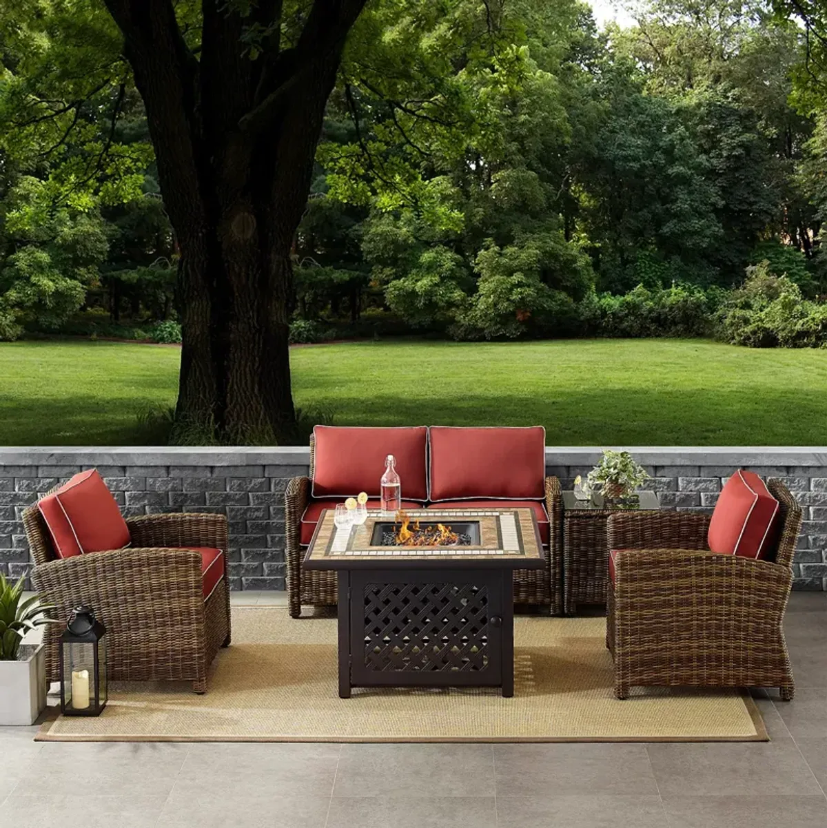 Sparrow & Wren Bradenton 5 Piece Outdoor Wicker Conversation Set with Fire Table