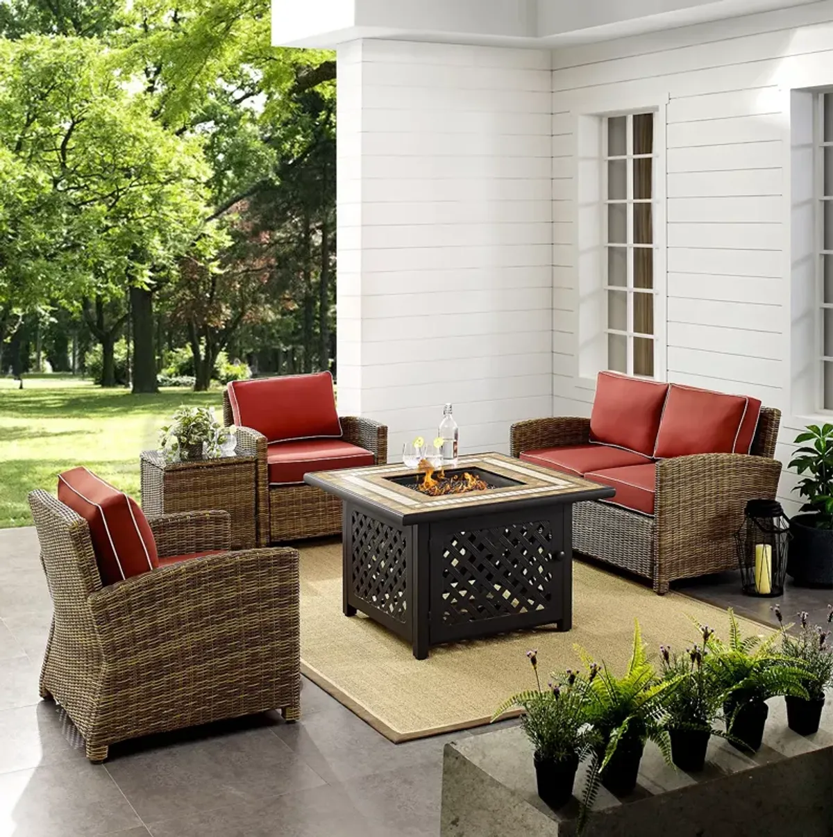 Sparrow & Wren Bradenton 5 Piece Outdoor Wicker Conversation Set with Fire Table