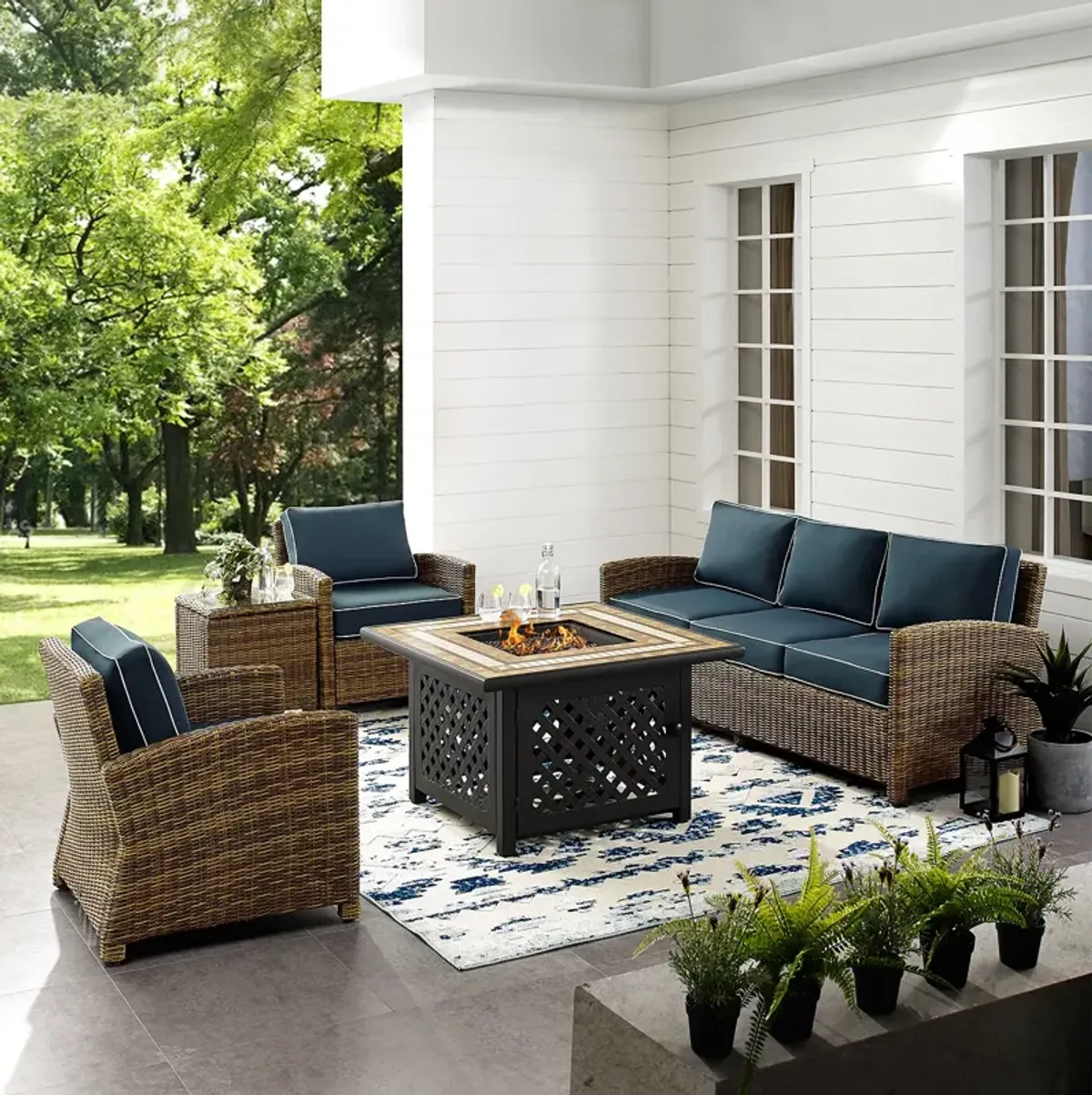 Sparrow & Wren Bradenton 5 Piece Outdoor Wicker Sofa Set with Fire Table