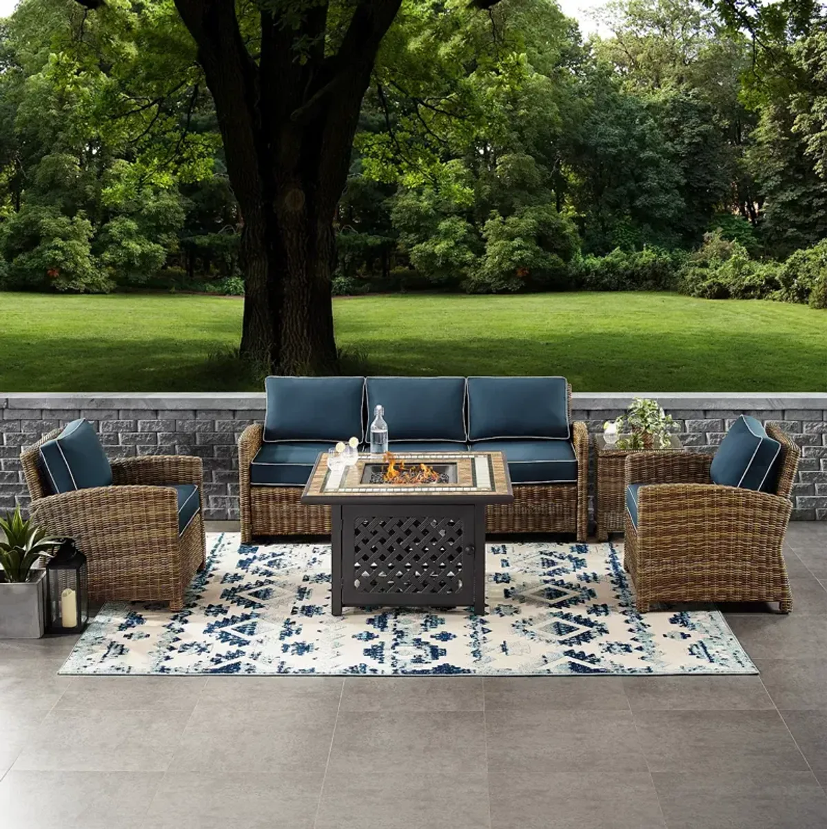 Sparrow & Wren Bradenton 5 Piece Outdoor Wicker Sofa Set with Fire Table